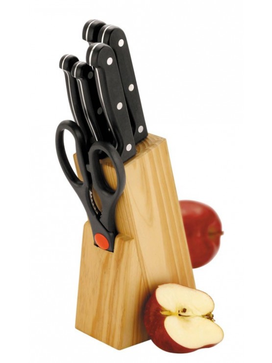 Conjunto 5 Facas + Tesoura C/Suporte Madeira