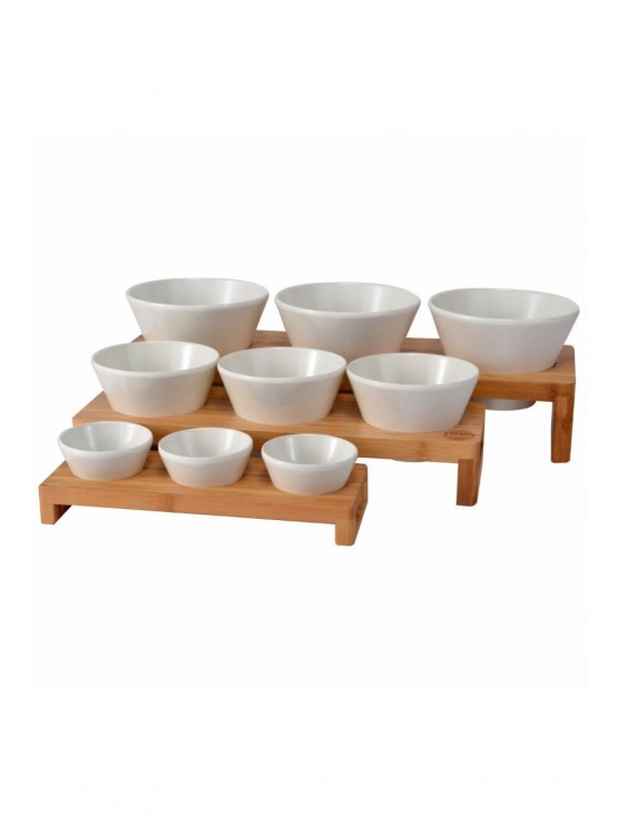 Expositor Bambu Com 3 Tigelas Melamina Diâm.11cm